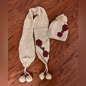 Big girl Cozy Cream Knit Hat and Scarf Set with Red Accents